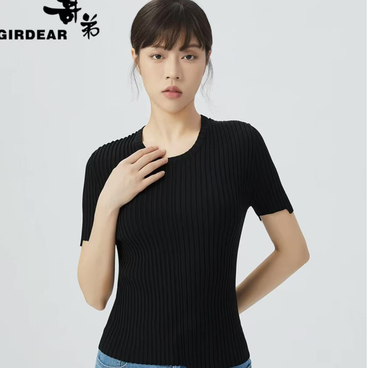 GIRDEAR/哥弟圆领短袖薄款套头款毛针织衫多色百搭丹宁风1399607