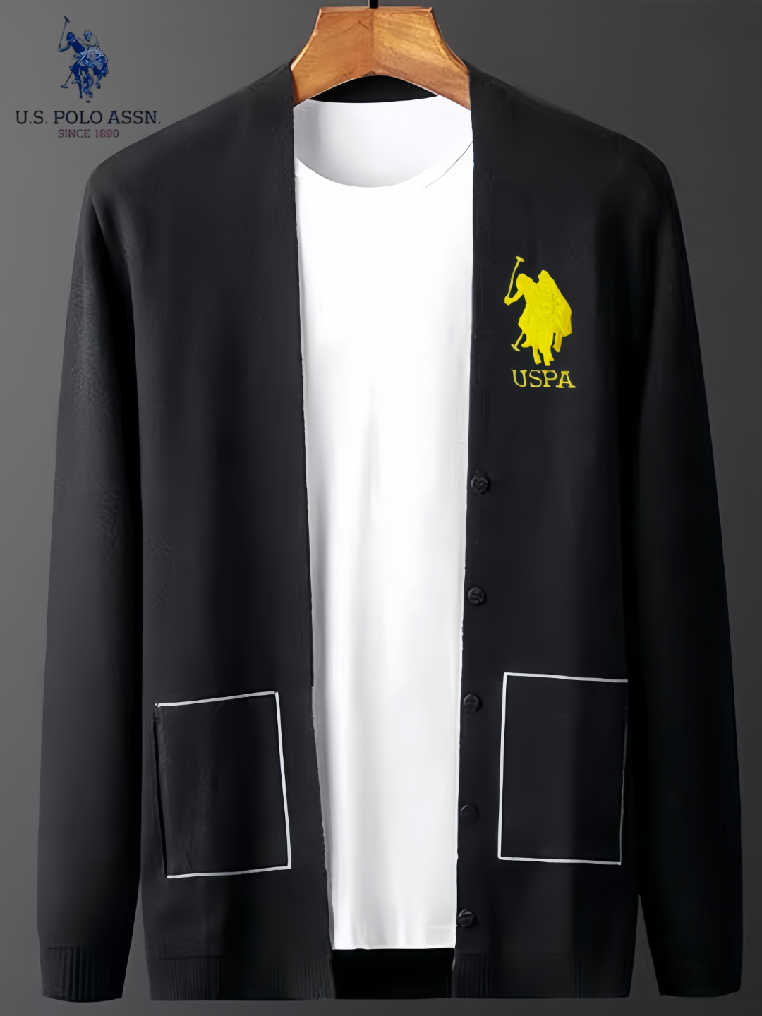 USPA男士黑色刺绣金标时尚高档开衫外套