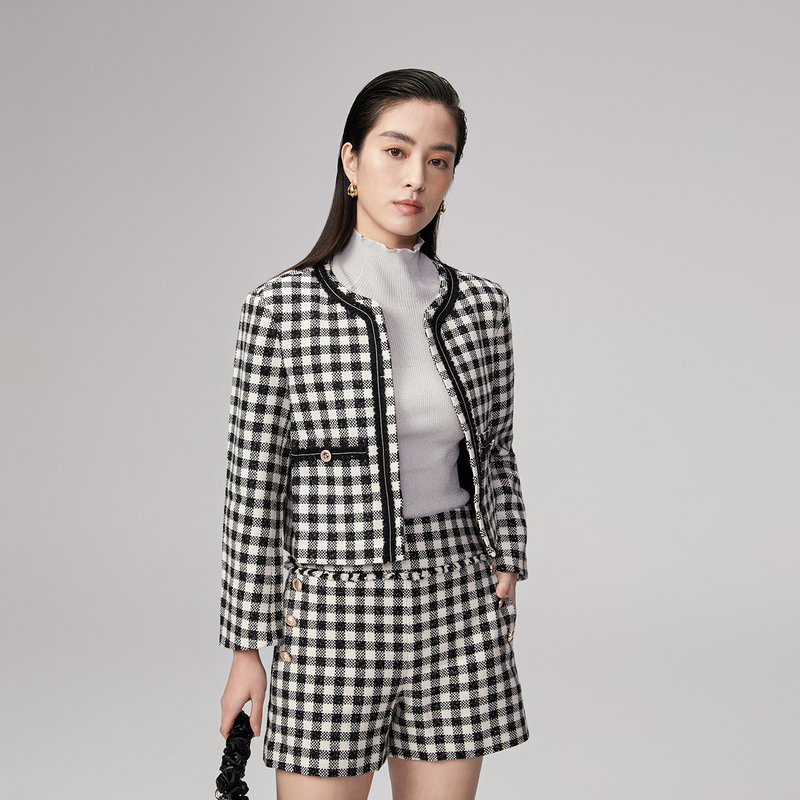 MESUX米岫轻奢粗花呢筋骨挺括立裁率性明线千鸟格短外套MKSDH107