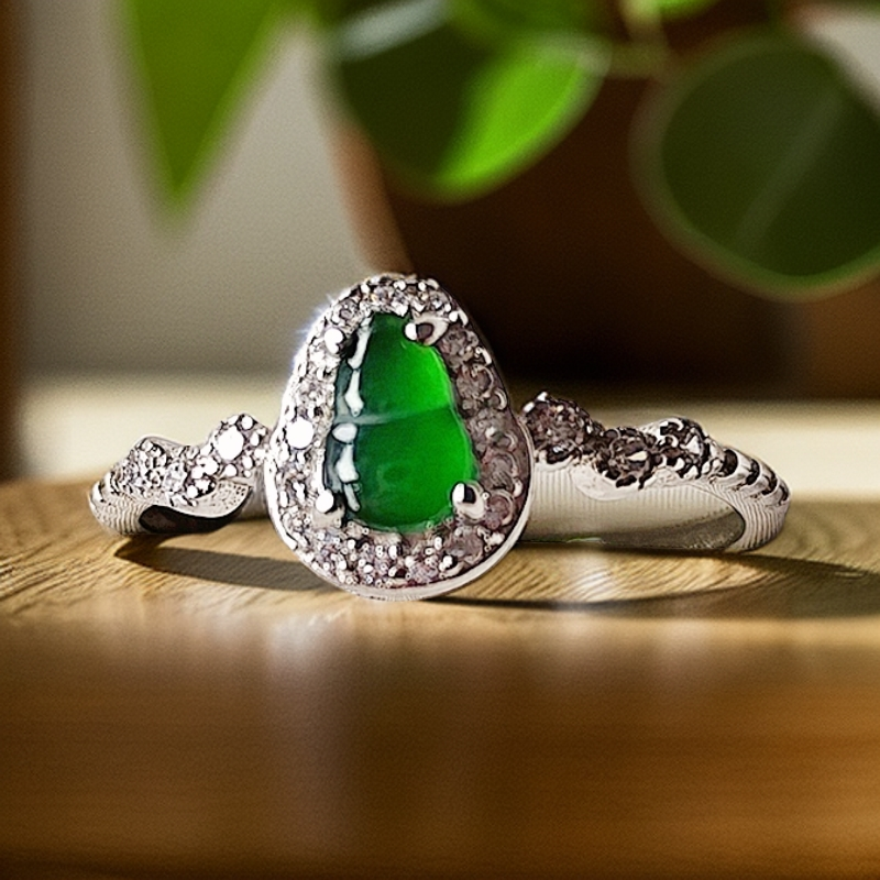 S925银镶翡翠葫芦蛋面开口可调节戒圈女款玉石戒指首饰