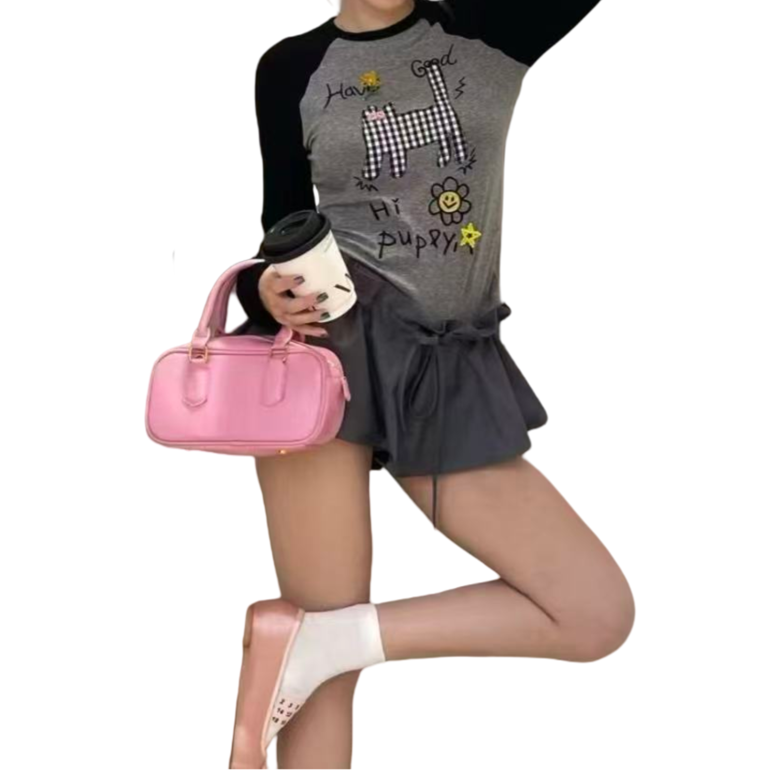 大漂亮家趣味格子猫长袖衫可爱t恤