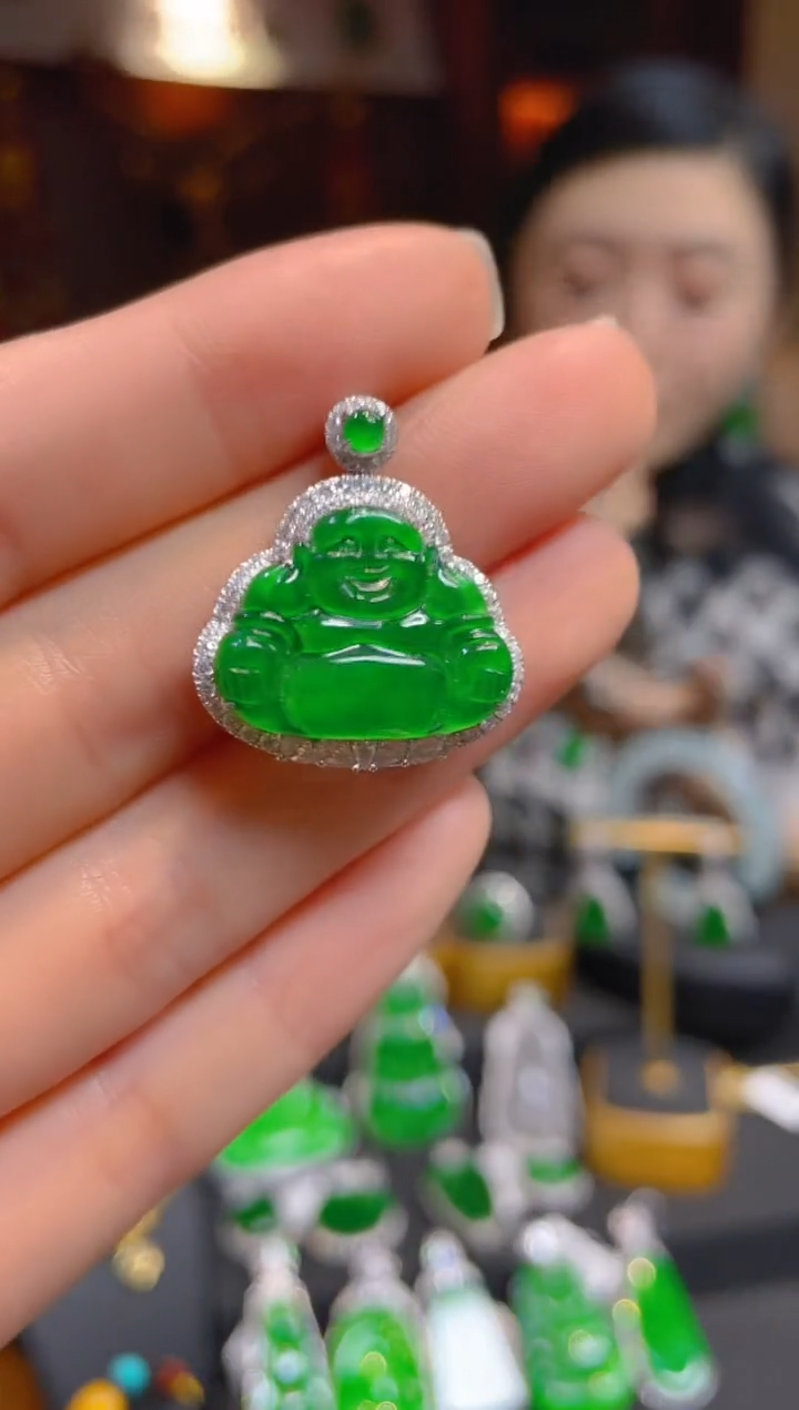 【闪购商品】翡翠颈饰18K金镶嵌95141-5天然A货翡翠佛公吊坠