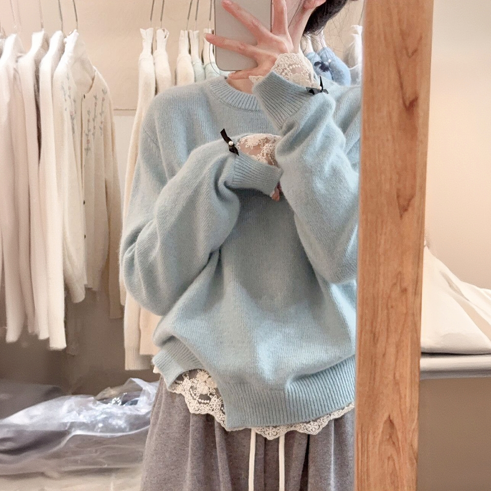冬季白色蕾丝花边套头毛衣女秋冬加厚软糯慵懒风高级感针织衫上衣