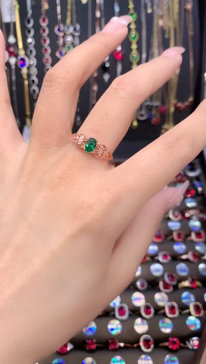 戒指透辉石银S925镶嵌玫瑰金