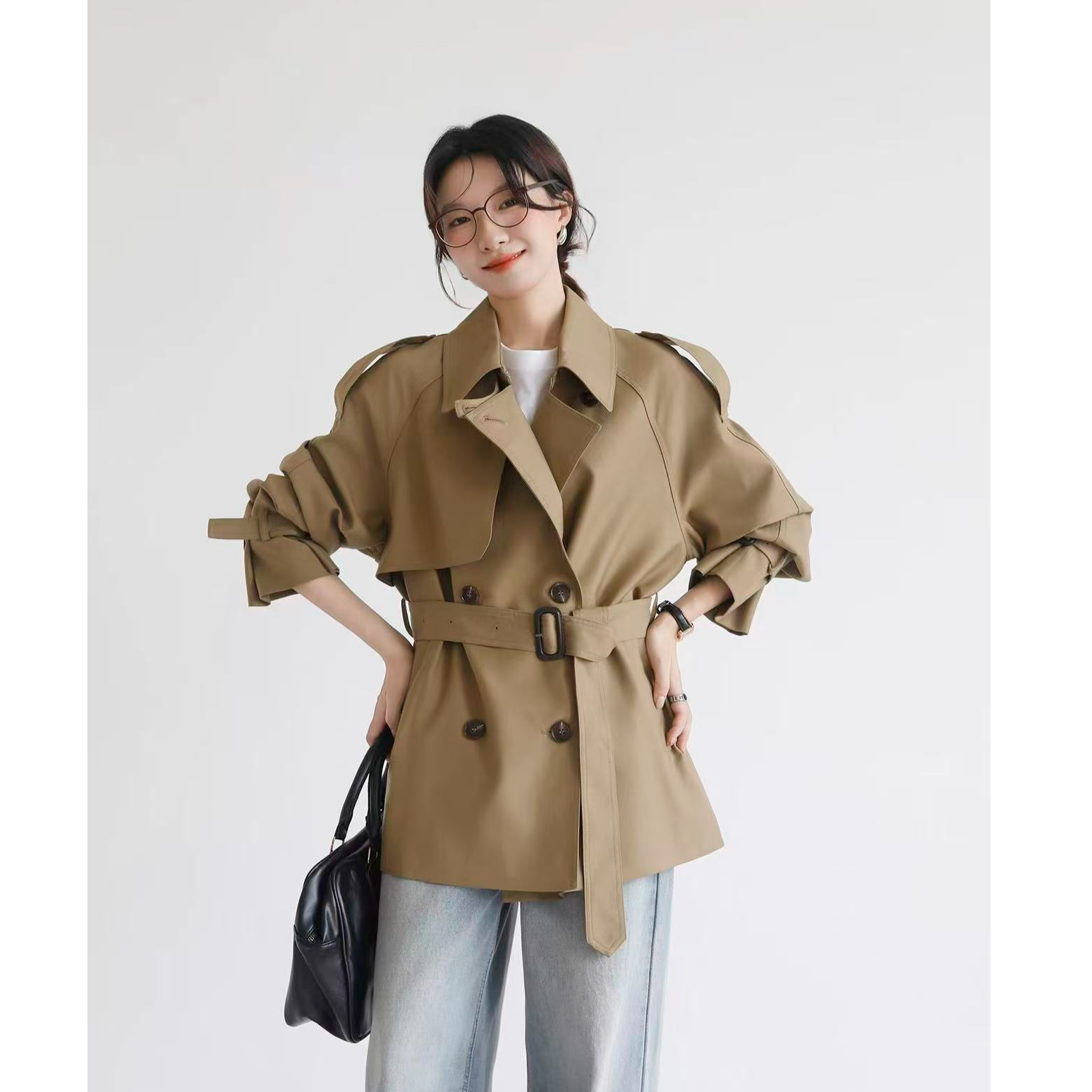 长款翻领系短款女风衣秋季卡其色双排扣系带气质外套