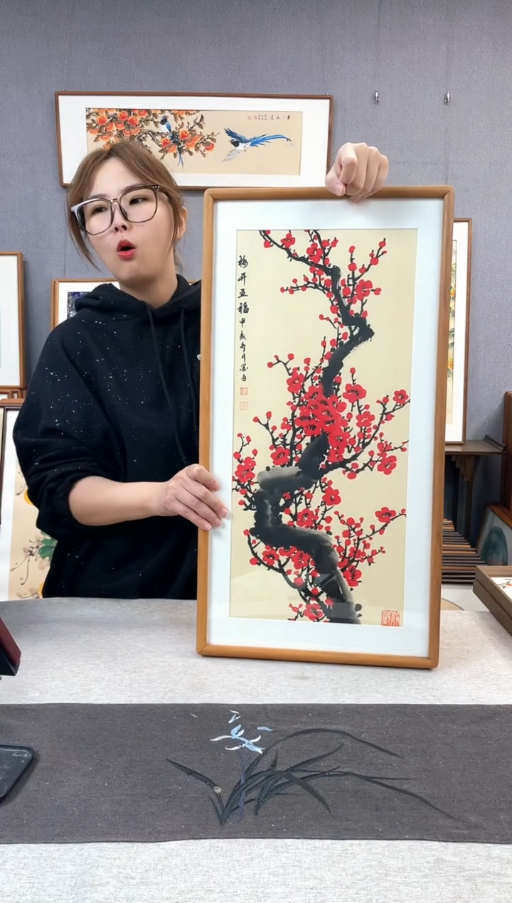 【闪购商品】国画周跃飞-纯手绘带框作品-35*68-梅花