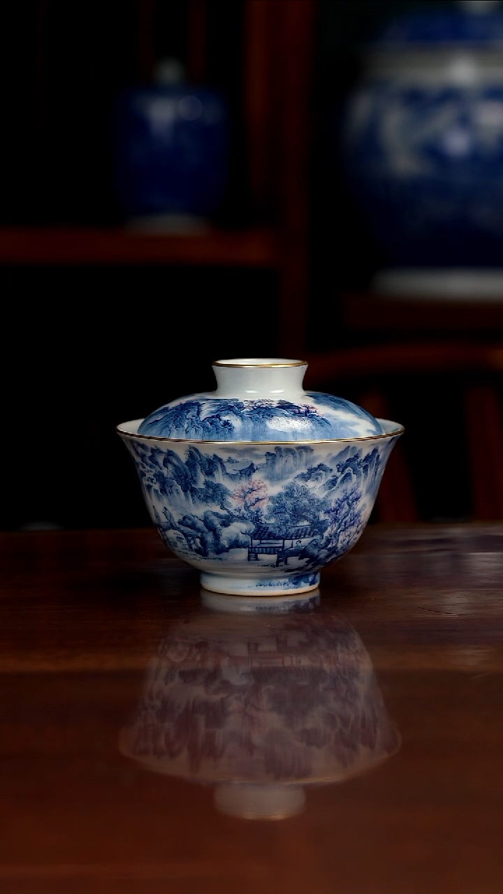 景琳藏青花北派山水盖碗