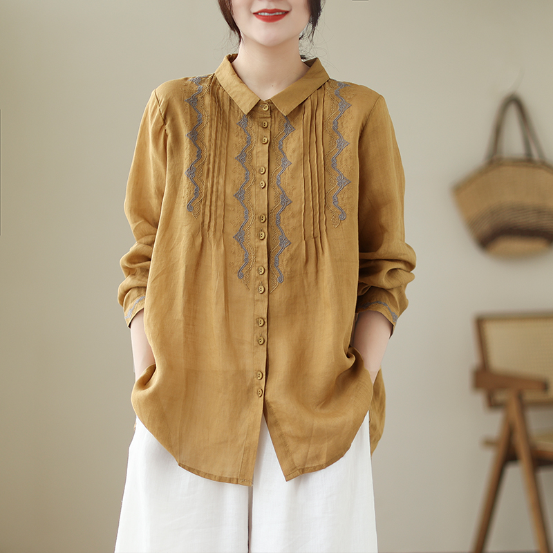 刺绣苎麻衬衫女文艺复古棉麻上衣宽松显瘦休闲百搭衬衣2025春新款