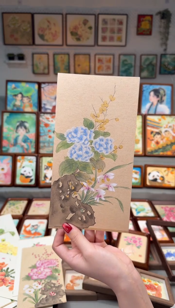 国画阿***欢蓝绣球太湖石 手绘国画27画芯