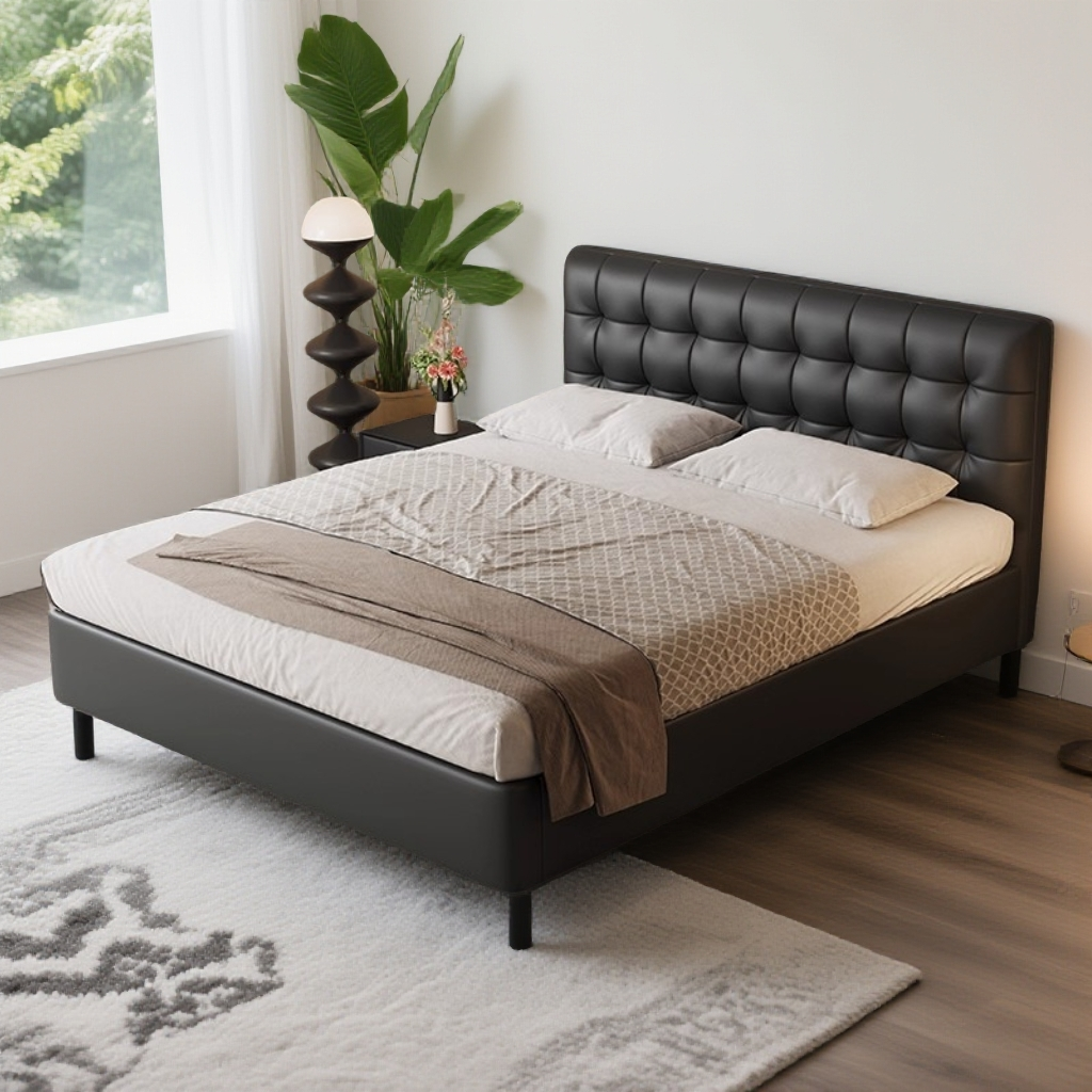 华夫格真皮床意式极简主卧实木床边软包床现代简约1.8米1.5米大床