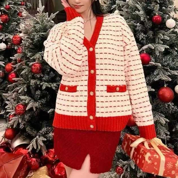 99新 Chanel/香奈儿 38码23C早春红白条纹长袖针织开衫