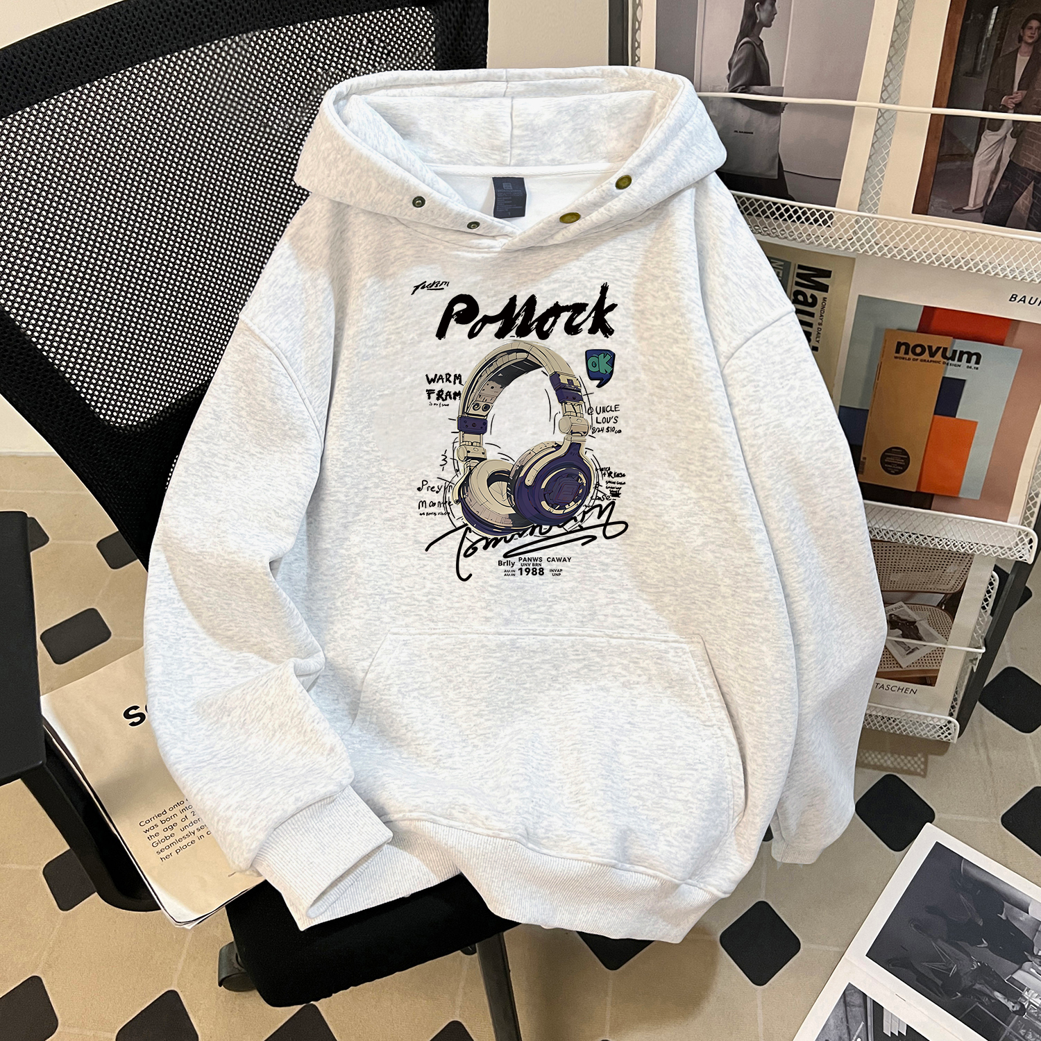 美式复古潮牌耳机印花重磅连帽卫衣男秋季情侣宽松百搭连帽卫衣潮