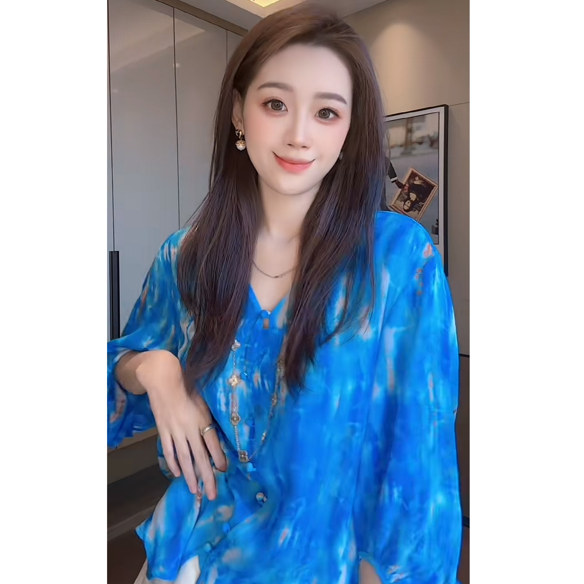 【丝芙玉禄】（A141）真丝双绉设计师百搭蓝色显瘦桑蚕丝衬衫上衣