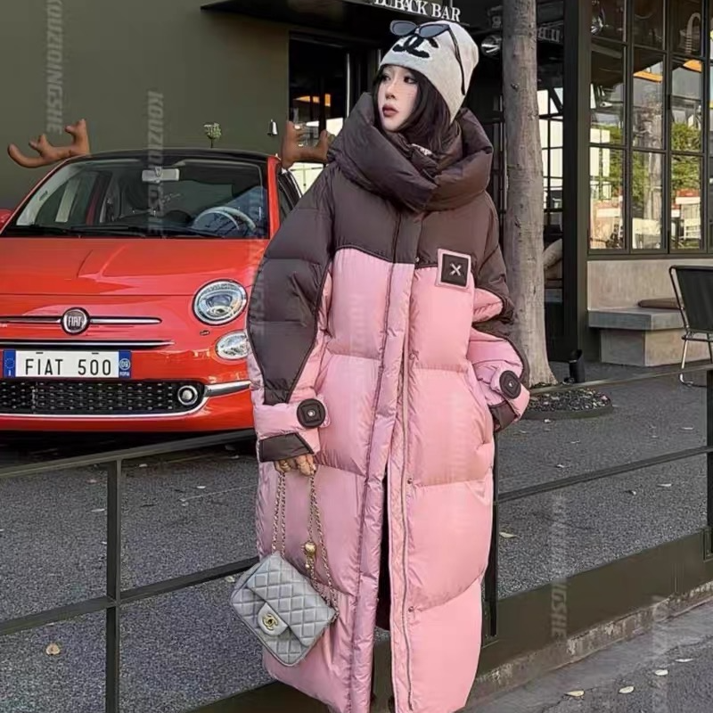 2025年冬季新款棉衣中长款连帽加厚保暖棉服韩版宽松拼色潮流棉袄