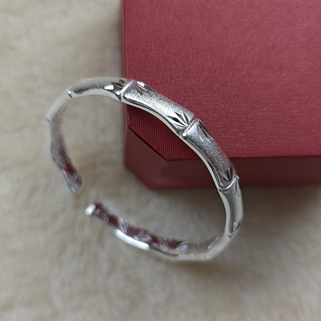 足银手镯 105900开口喷砂竹节轻奢手镯实心古法潮流圈光