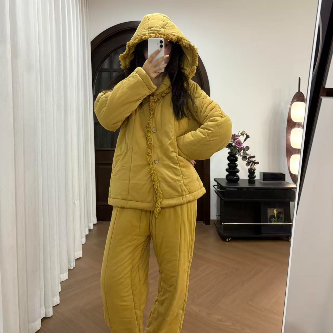 韩版流苏夹棉加厚睡衣女2025年冬季新款连帽宽松家居服套装可外穿