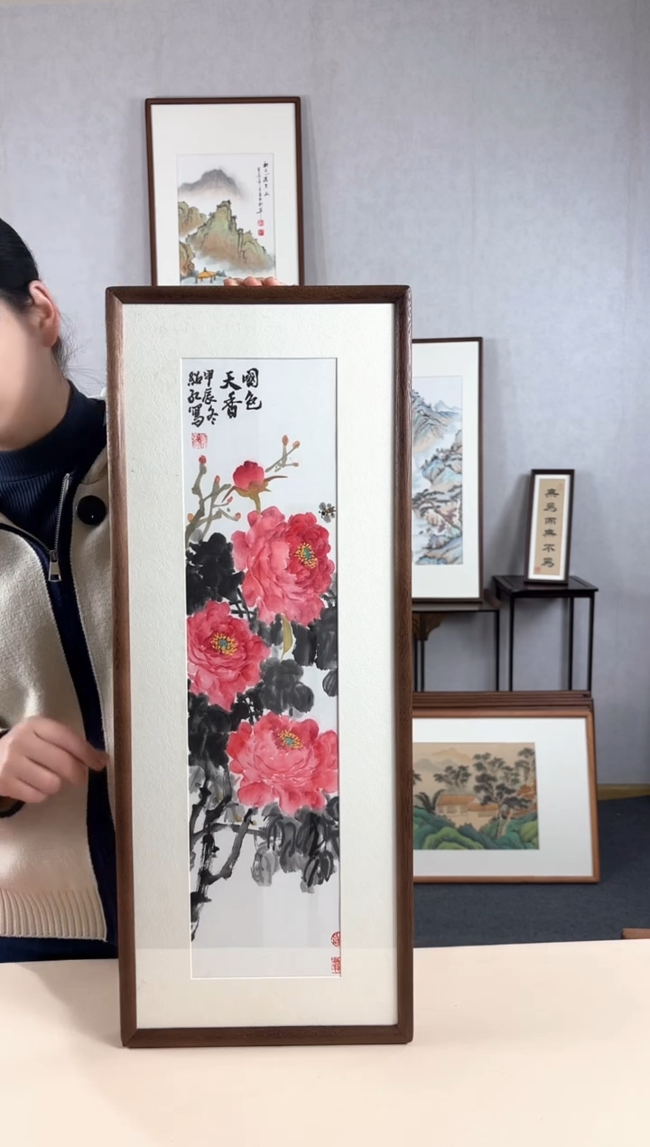 【闪购商品】国画手绘*牡丹*28*72cm实木框