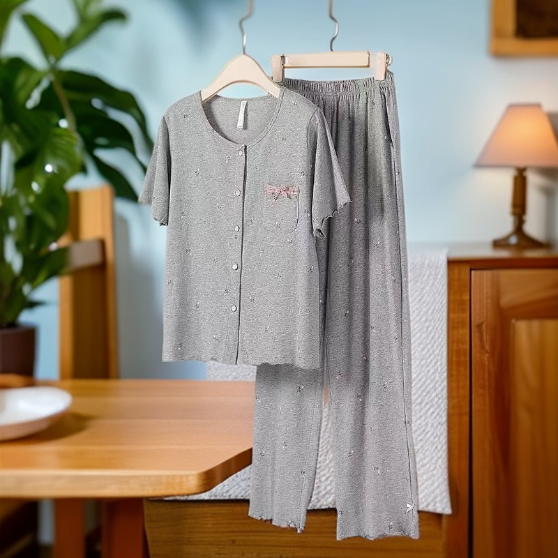 8229纯棉睡衣女士短袖长裤开衫套装夏季新款家居服睡衣