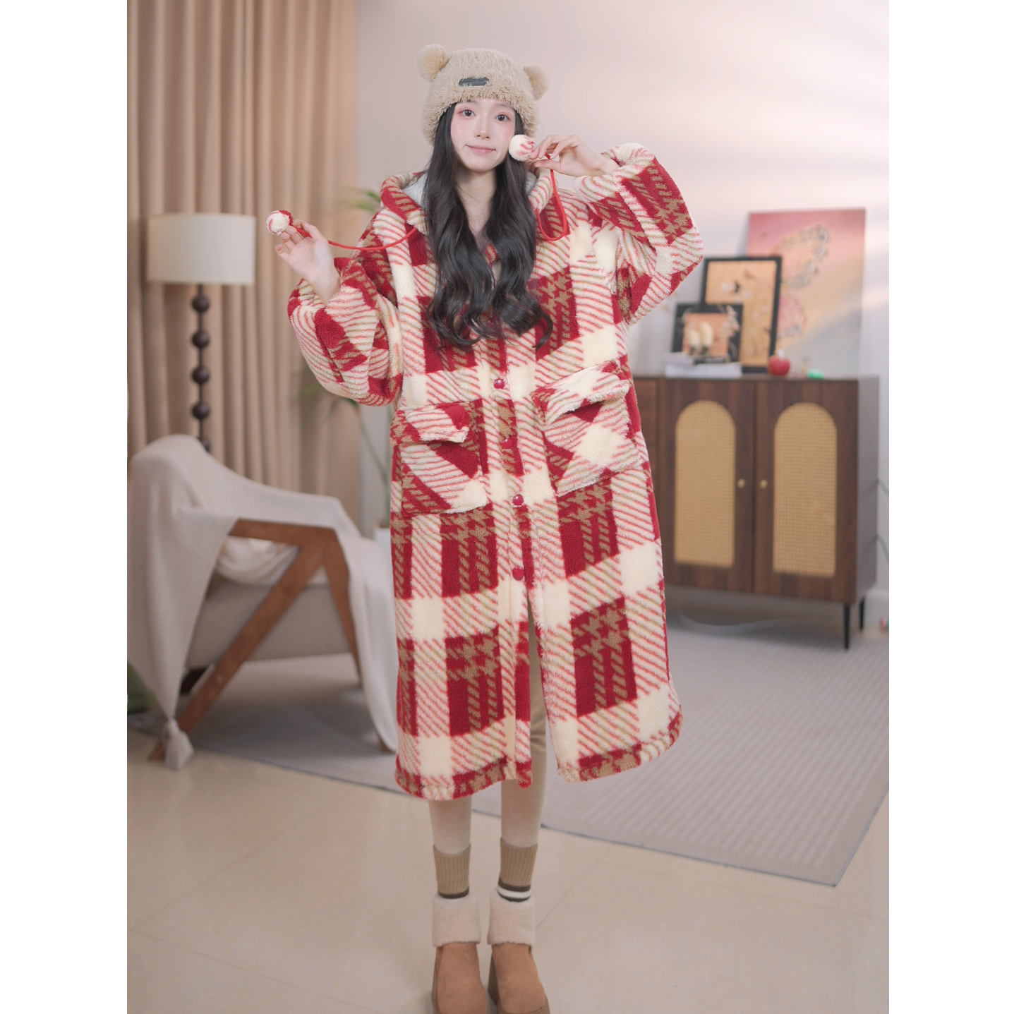 千禧红-b双层加厚新款睡袍冬季套装加长款保暖格子厚款