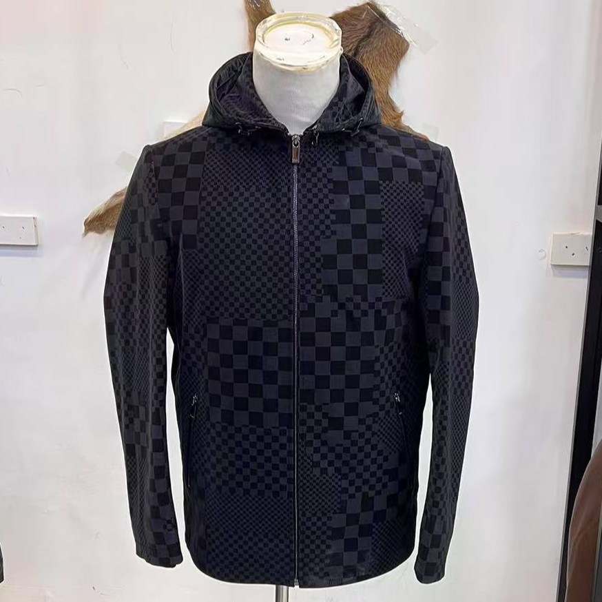 羊皮真皮棋牌格羽绒多穿款时尚皮衣秋季百搭黑色连帽秋冬休闲男款