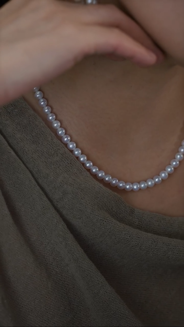 颈饰银S925镶嵌淡水珍珠5-6mm项链一条