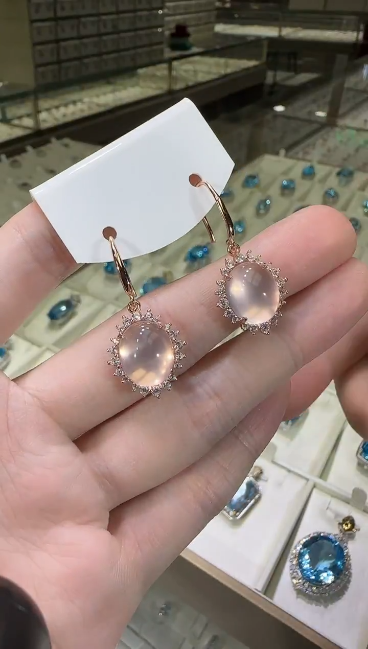 银S925镶嵌耳饰芙蓉石星光粉水晶耳钩款10*12mm