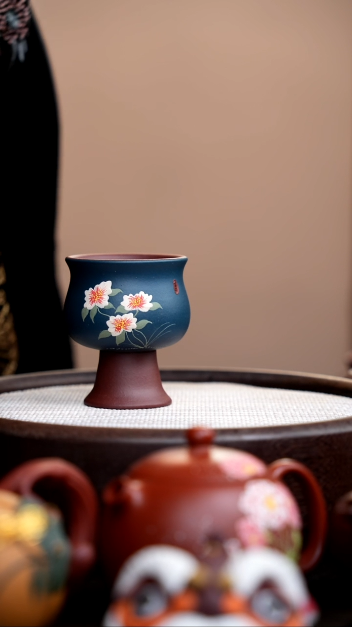 茶壶紫砂墨绿泥粉浆高脚杯三花