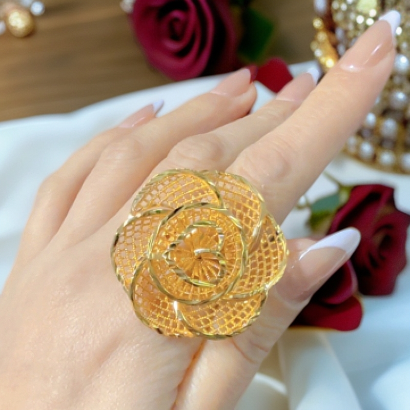 铜合金戒指 钛钢 新款奢华浮夸玫瑰花戒指可调节百搭复古花朵戒指