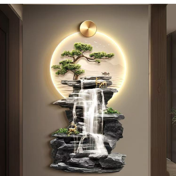 高山流水麋鹿玄关过道竖版LED灯装饰画