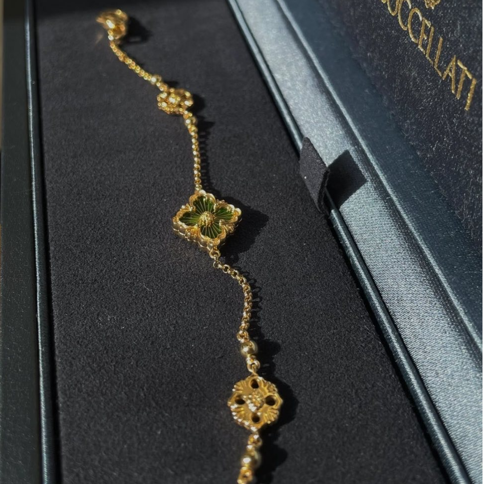 99新 BUCCELLATI/布契拉提 小花6珊OPERA绿色珐琅 手链 K金 S-M码