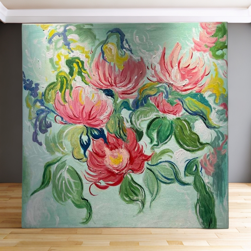 油画手绘抽象《花卉》北欧玄关极简法式客厅背景墙装饰画