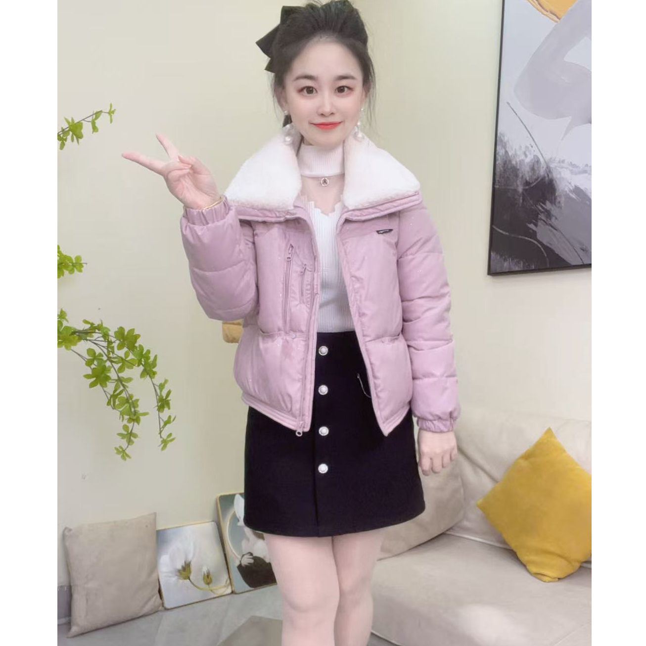 淑女日记  翻领拼接毛毛网红棉服短款女士轻薄显瘦保暖棉衣（151）