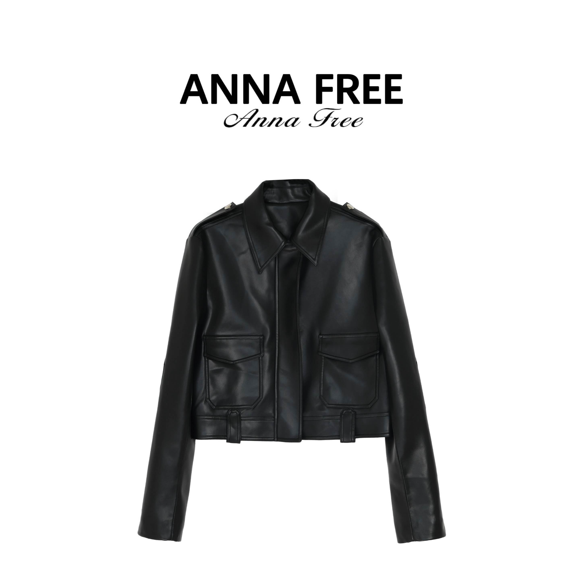 ANNA FREE 复古显瘦翻领黑色皮夹克外套女2025秋季新款ZCE25890