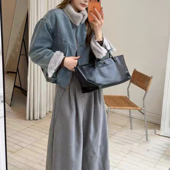 欧货加绒加厚牛仔外套女冬季短款2025新款休闲毛毛拼接棉服派克服