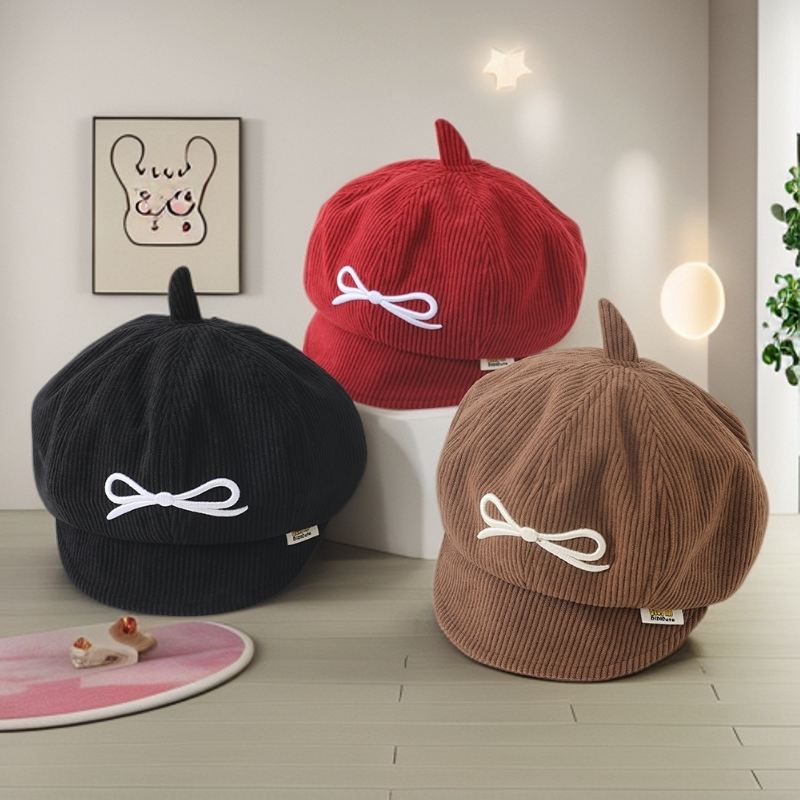 女宝宝甜美蝴蝶结贝雷帽女童秋冬季防风保暖南瓜帽