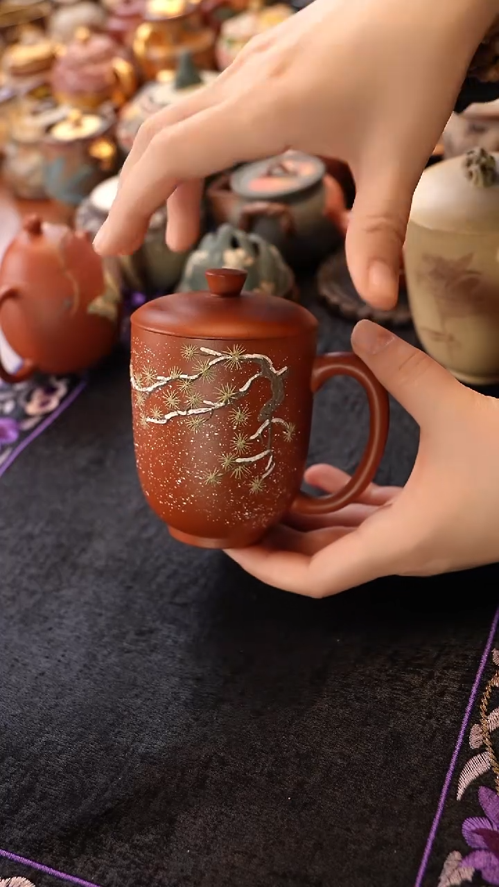 茶壶紫砂朱泥雪松盖杯