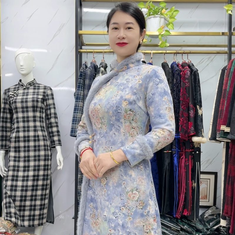 锦汐-【云间花序】-冬季中款不开叉改良显瘦遮肉旗袍裙