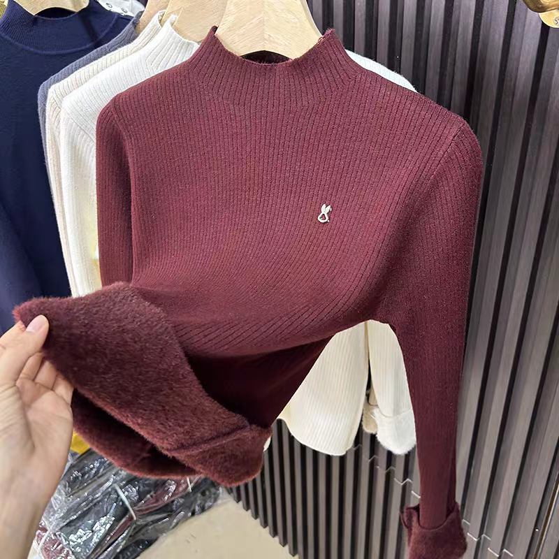 好看一体绒半高领毛衣女加绒加厚打底衫秋冬新款针织衫内搭上衣