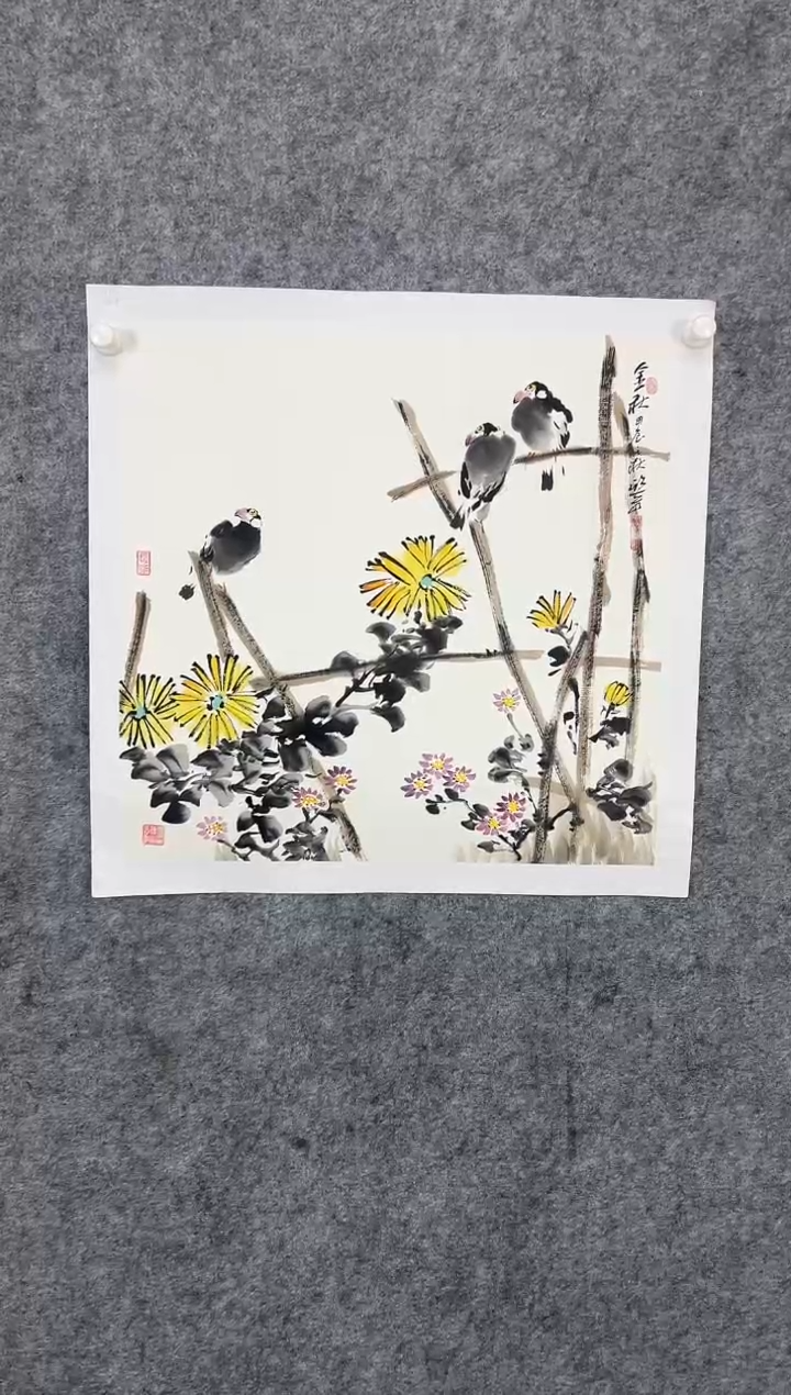 【闪购商品】国画窦欣奇手绘花鸟斗方50*50已托裱