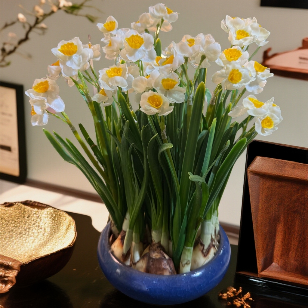 水仙花福建漳州正宗水仙花好养易活带蓝色冰裂纹陶瓷盆