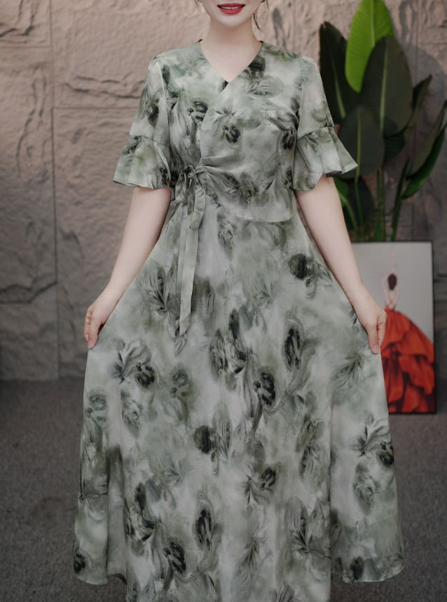 H-9001新款水墨收腰系带V领洋气百搭气质女人连衣裙