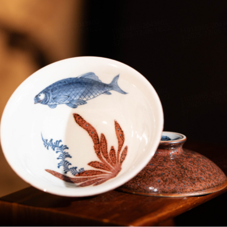 【悦生活】枣皮红-畅怀堂-非富鲫鳜撇口盖碗（畅怀0090）