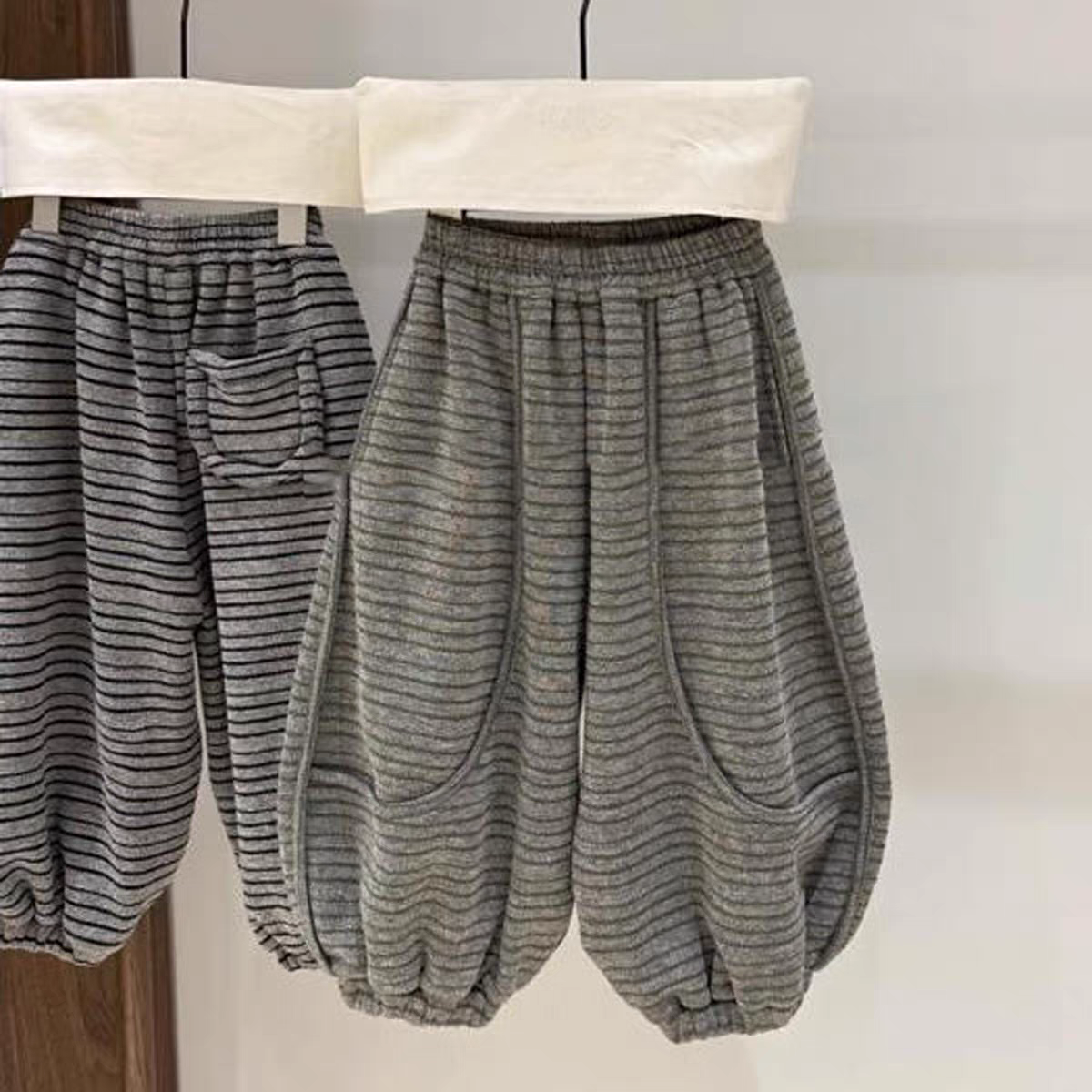 女童加绒加厚裤子2025新款儿童洋气条纹束脚休闲裤女孩百搭阔腿裤