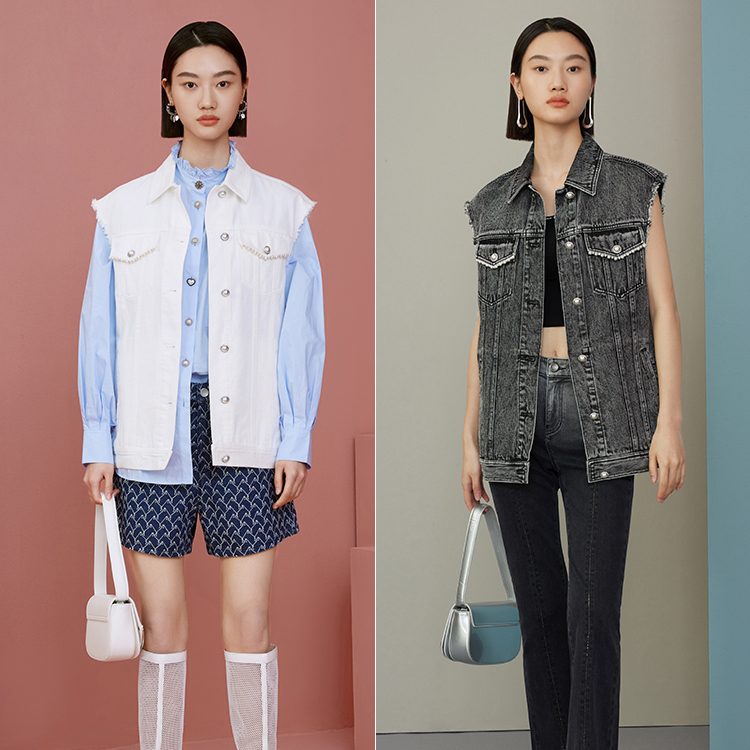 【小七专属】曼德诗牛仔马甲春季外套复古纯色工装风上衣