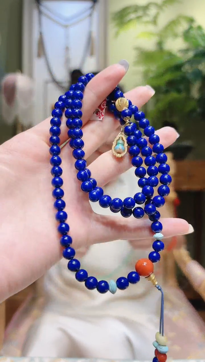 【闪购商品】青金石项链18K金镶嵌南红珠三通青金石项链