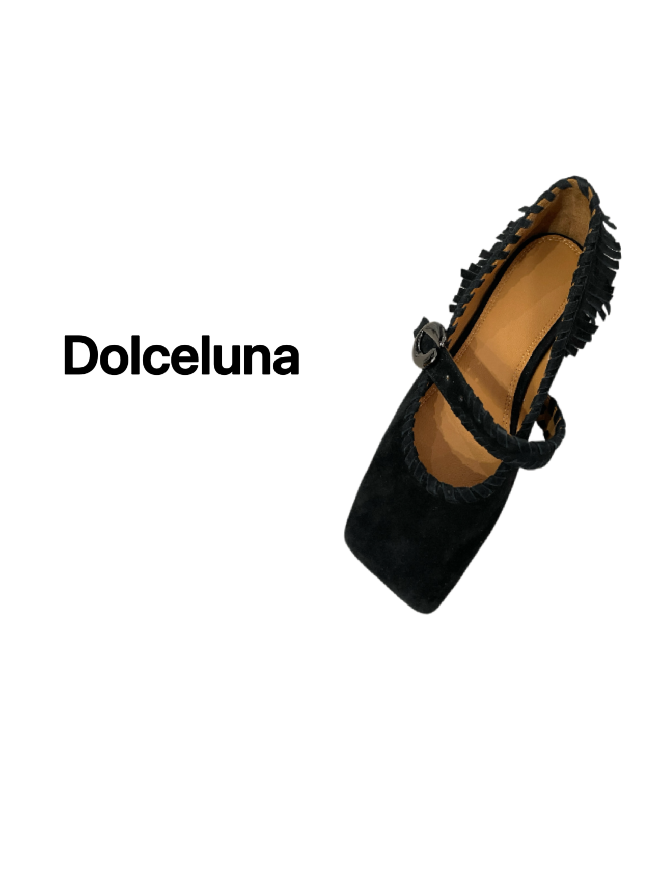 【月姐严选】早春气质黑色流苏羊京皮玛丽珍方头女士平跟鞋-16685