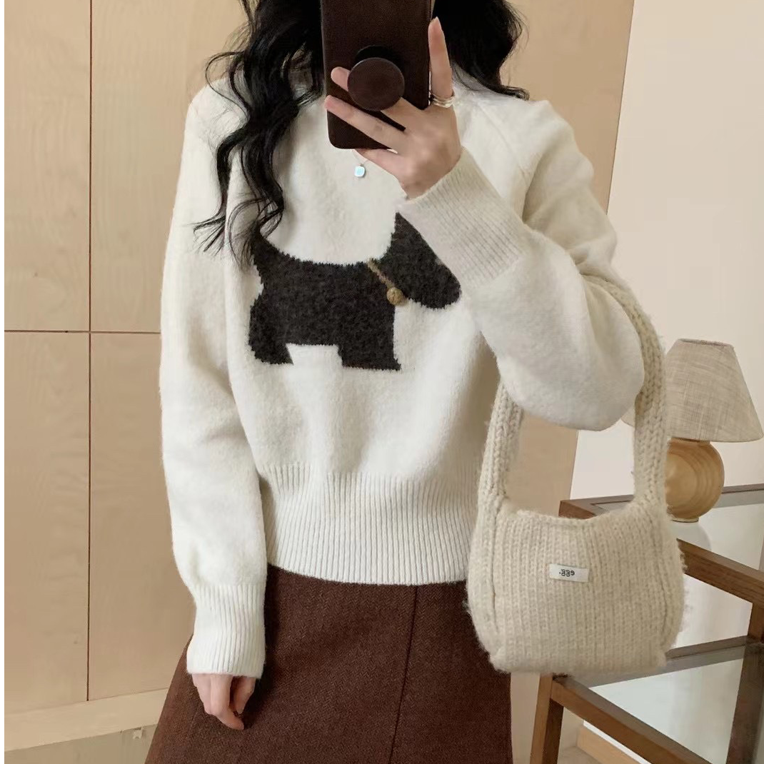 慵懒风小狗提花圆领套头毛衣女2025秋冬季新款显瘦减龄针织衫上衣