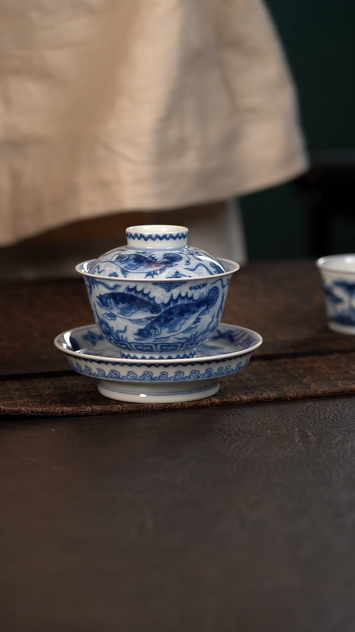 【闪购商品】杯望月怀古淡海水鱼藻三才盖碗