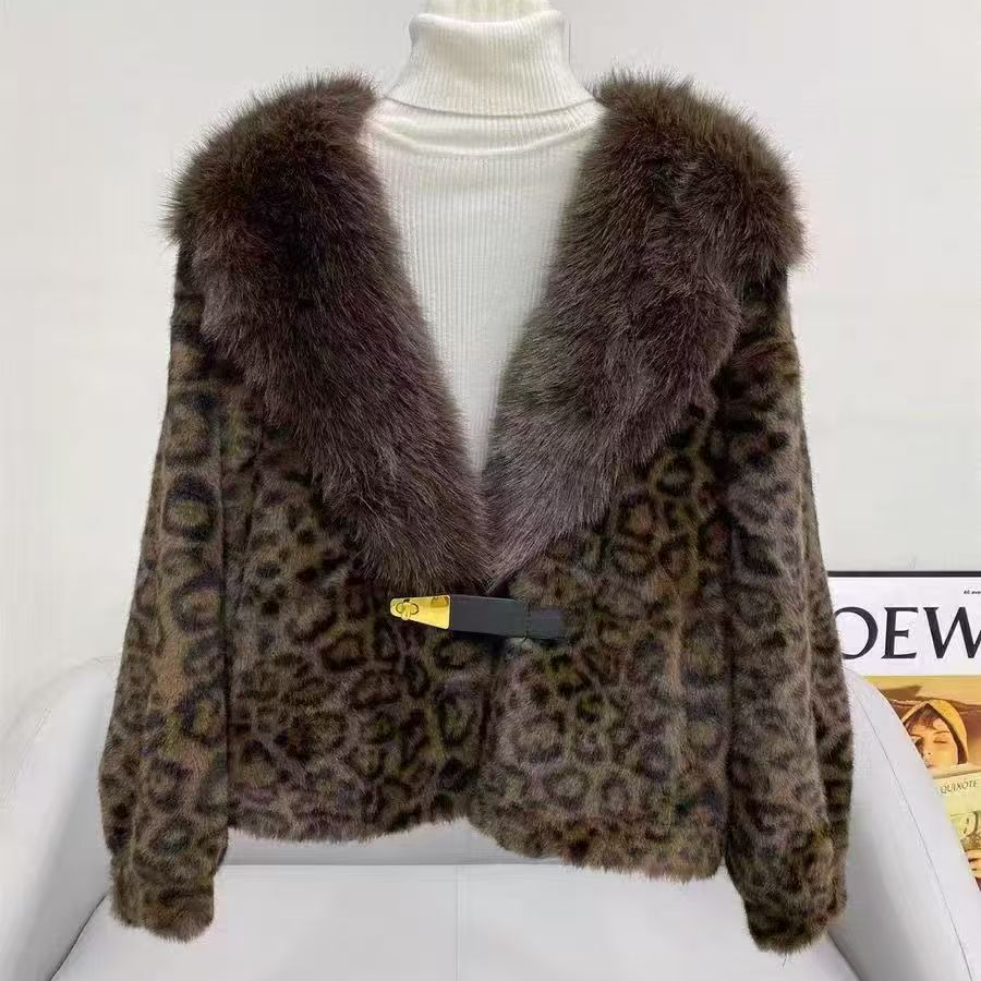 《妍颜服饰》豹纹大毛领皮草秋冬毛领仿皮加厚毛毛外套短款