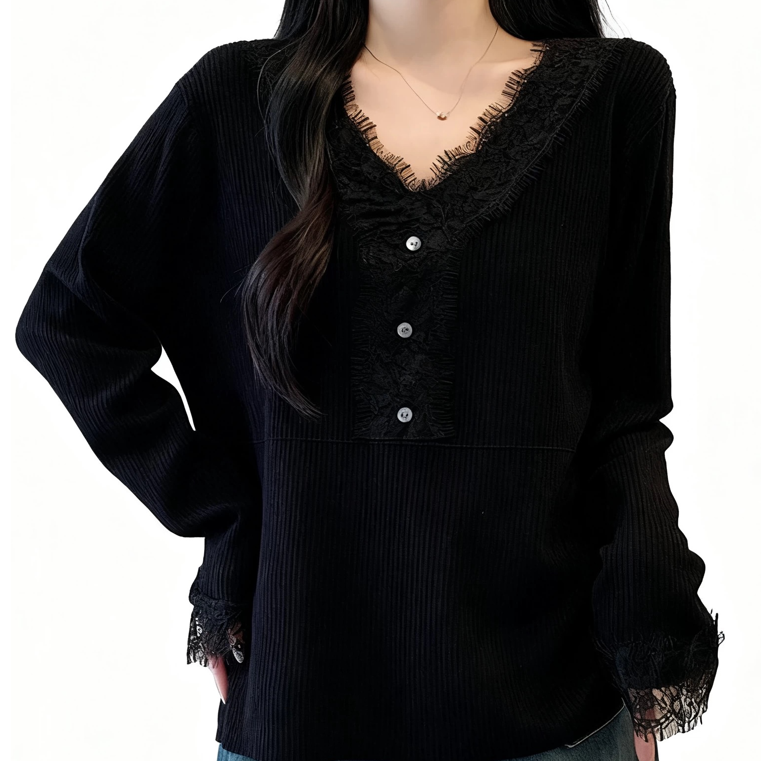 【嘉一定制】韩版时尚哑光黑蕾丝v领女款秋冬上衣521